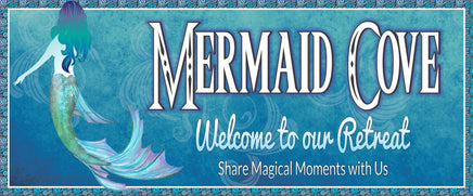 Custom blue beach house sign featuring a whimsical mermaid with a shimmering tail and cascading hair. The sign has a scroll design border evoking ocean waves and elegant, customizable fonts for your family name and personalized text. Perfect for beach houses, coastal retreats, beach bars, or sailboats.