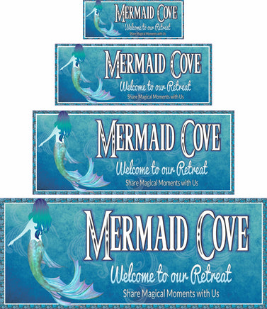 Custom blue beach house sign featuring a whimsical mermaid with a shimmering tail and cascading hair. The sign has a scroll design border evoking ocean waves and elegant, customizable fonts for your family name and personalized text. Perfect for beach houses, coastal retreats, beach bars, or sailboats.