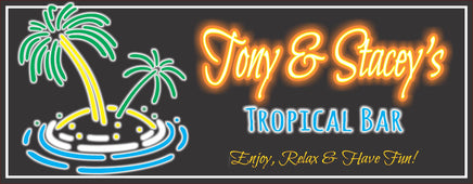 Personalized faux neon tropical bar sign with a bright faux neon palm tree on an island background, ideal for home bar or patio decor.