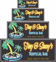 Personalized faux neon tropical bar sign with a bright faux neon palm tree on an island background, ideal for home bar or patio decor.