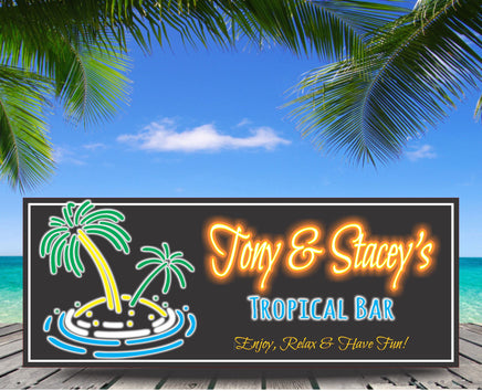 Personalized faux neon tropical bar sign with a bright faux neon palm tree on an island background, ideal for home bar or patio decor.