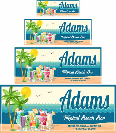 Personalized tropical beach bar sign with ocean background, palm trees, sandy beach, and tropical drinks.