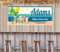 Personalized tropical beach bar sign with ocean background, palm trees, sandy beach, and tropical drinks.