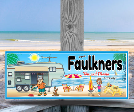 Personalized RV Beach Sign with 5th Wheel, Beach Chairs, Umbrella, Picnic Table, BBQ Woman, Man Sweeping Steps, and Dog – Editable Text Lines