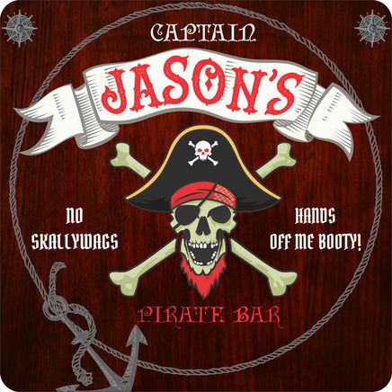 Personalized Custom Pirate Bar Sign with Skull and Crossbones, Editable Text, and Choice of Black or Wood Effect Background