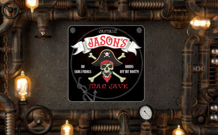 Personalized Custom Pirate Bar Sign with Skull and Crossbones, Editable Text, and Choice of Black or Wood Effect Background