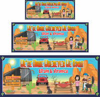 Personalized RV camping sign featuring a motorhome with a dreamy desert backdrop. The sign can be customized with names, motorhome type, and optional Jeep removal. Perfect for welcoming visitors and adding charm to your motorhome.