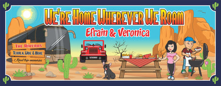 Personalized RV camping sign featuring a motorhome with a dreamy desert backdrop. The sign can be customized with names, motorhome type, and optional Jeep removal. Perfect for welcoming visitors and adding charm to your motorhome.