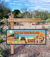 Personalized RV camping sign featuring a motorhome with a dreamy desert backdrop. The sign can be customized with names, motorhome type, and optional Jeep removal. Perfect for welcoming visitors and adding charm to your motorhome.