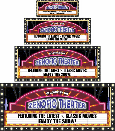 Custom movie theater marquee sign with a retro-glam starburst design, perfect for home theaters. The sign features bold, customizable text lines, adding a unique and personalized touch to your movie room decor.