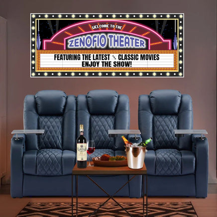 Custom movie theater marquee sign with a retro-glam starburst design, perfect for home theaters. The sign features bold, customizable text lines, adding a unique and personalized touch to your movie room decor.