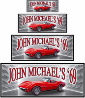 Personalized vintage sign featuring a 1969 red Stingray convertible with customizable text, perfect for classic car enthusiasts.