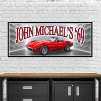 Personalized vintage sign featuring a 1969 red Stingray convertible with customizable text, perfect for classic car enthusiasts.