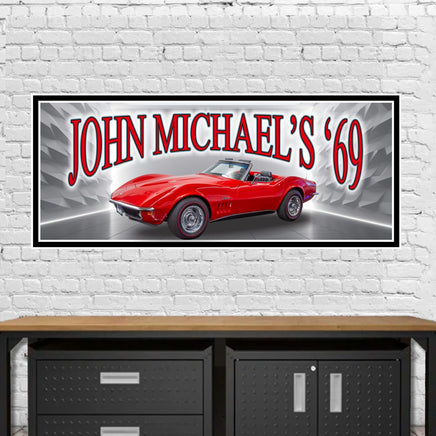 Personalized vintage sign featuring a 1969 red Stingray convertible with customizable text, perfect for classic car enthusiasts.