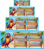 Personalized beach bar sign featuring a colorful drinking parrot with funny quotes. The vibrant sign adds a fun and lively touch to any coastal space, perfect for beachside retreats, tiki bars, or patios. Customizable with up to four lines of text.