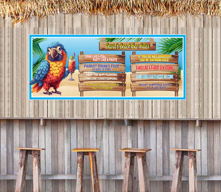 Personalized beach bar sign featuring a colorful drinking parrot with funny quotes. The vibrant sign adds a fun and lively touch to any coastal space, perfect for beachside retreats, tiki bars, or patios. Customizable with up to four lines of text.