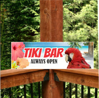 Tiki Bar 'Always Open' sign featuring a red parrot and tropical hibiscus flowers for a vibrant, island-themed decor.