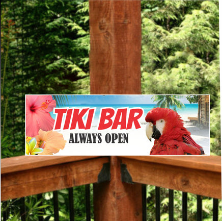 Tiki Bar 'Always Open' sign featuring a red parrot and tropical hibiscus flowers for a vibrant, island-themed decor.