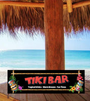 Personalized Tiki Bar sign with a bamboo border and tiki masks, featuring customizable text for a playful, tropical vibe