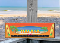 Novelty Tiki Bar sign featuring surfboards, the ocean, and palm trees for a tropical, beach-themed vibe