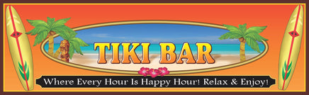 Novelty Tiki Bar sign featuring surfboards, the ocean, and palm trees for a tropical, beach-themed vibe