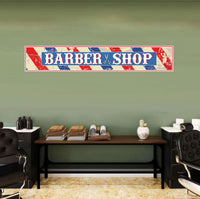 Personalized Retro Barber Shop Street Sign | Red, White, and Blue Barber Pole Stripes