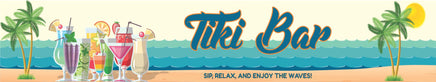 Personalized aluminum tiki bar sign featuring a beach scene with rippled waves, palm trees, and tropical drinks, with customizable text.