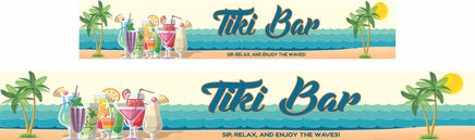 Personalized aluminum tiki bar sign featuring a beach scene with rippled waves, palm trees, and tropical drinks, with customizable text.