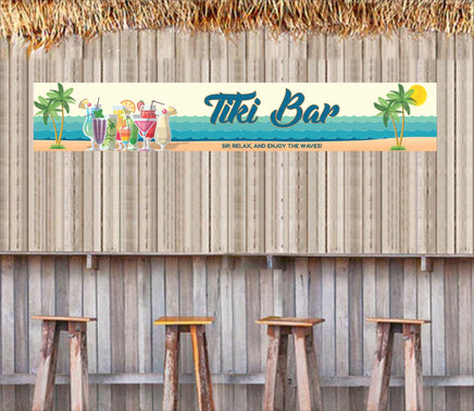 Personalized aluminum tiki bar sign featuring a beach scene with rippled waves, palm trees, and tropical drinks, with customizable text.